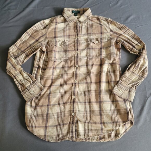 LRL Lauren Ralph Lauren Shirt Womens M Brown Plaid Button Up Camping Western - Picture 1 of 10